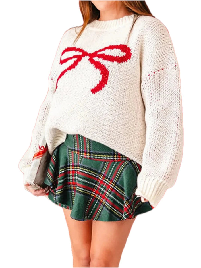Acrylic Bow Crew Neck Dropped Shoulder Sweater for Women
