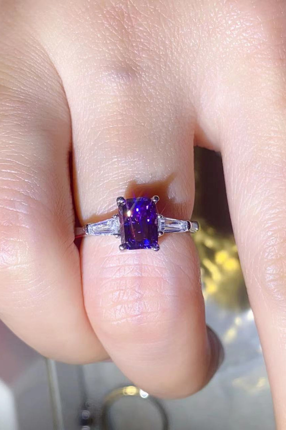 1 Carat Moissanite Platinum-Plated Rectangle Ring for Women in Purple