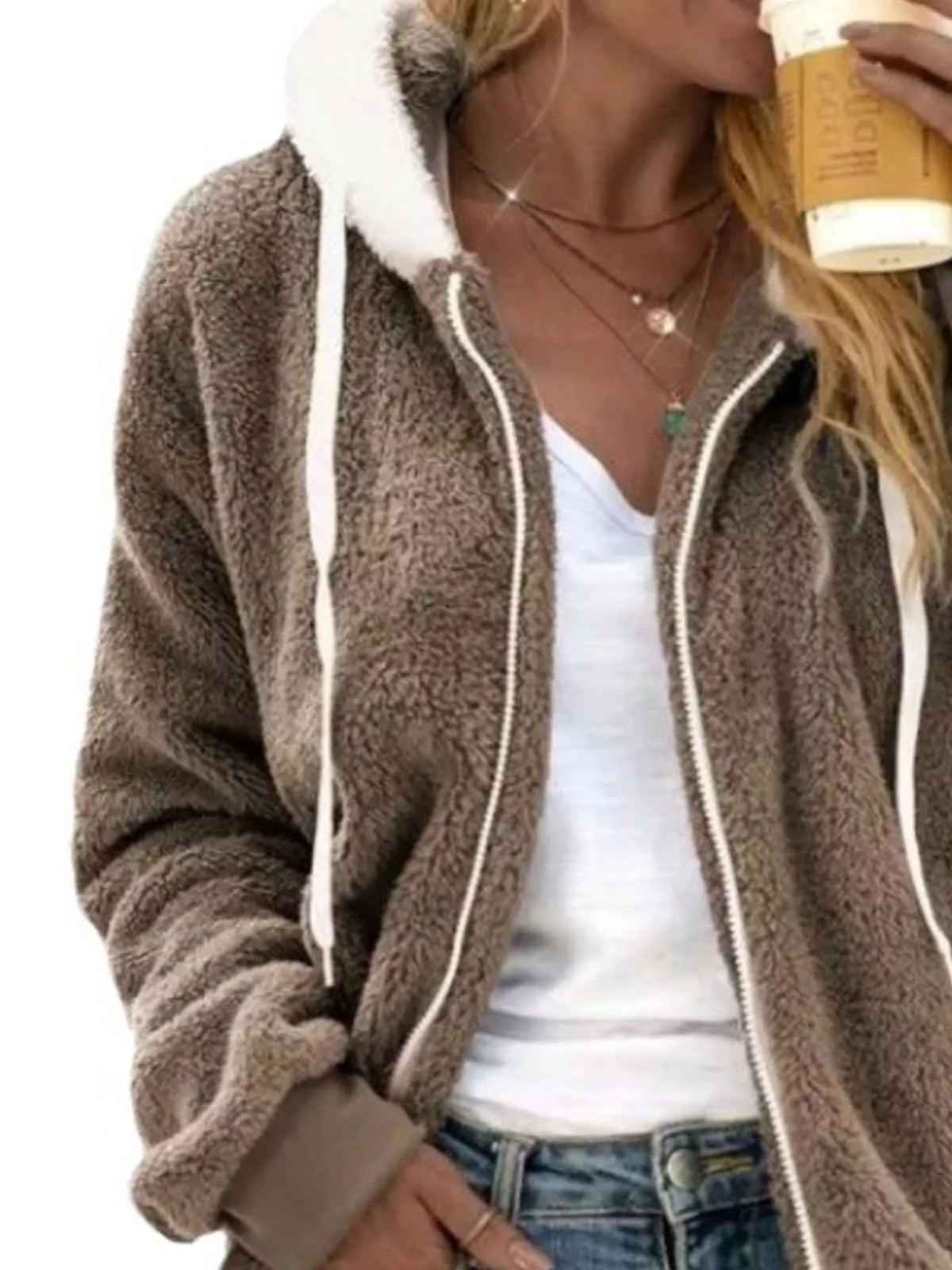 Full Size Cozy Fleece Zip-Up Hooded Jacket for Women Plus Size