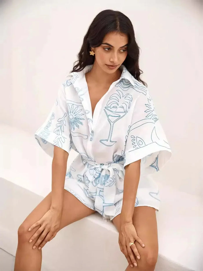 Printed Collared Neck Half Sleeve Romper for Women in White