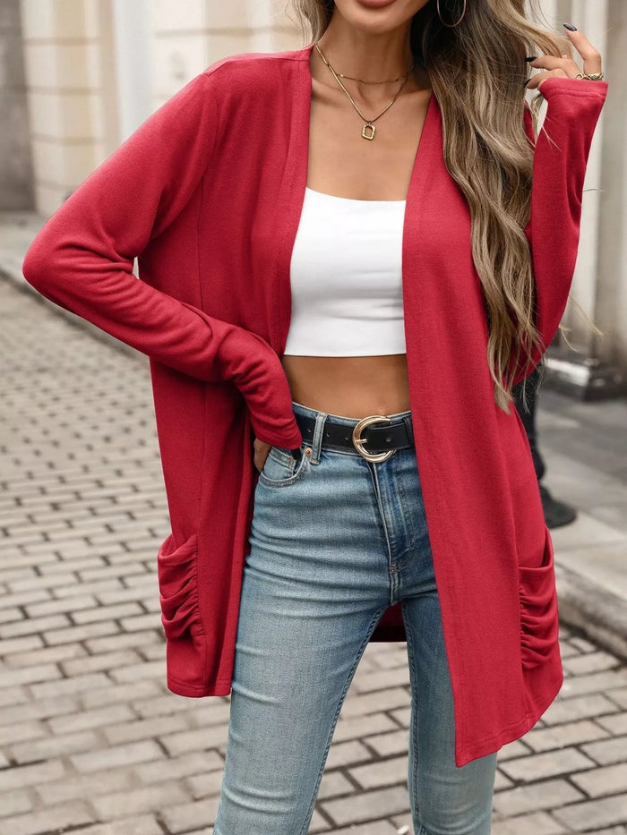Ruched Pocket Open Front Cardigan for Women