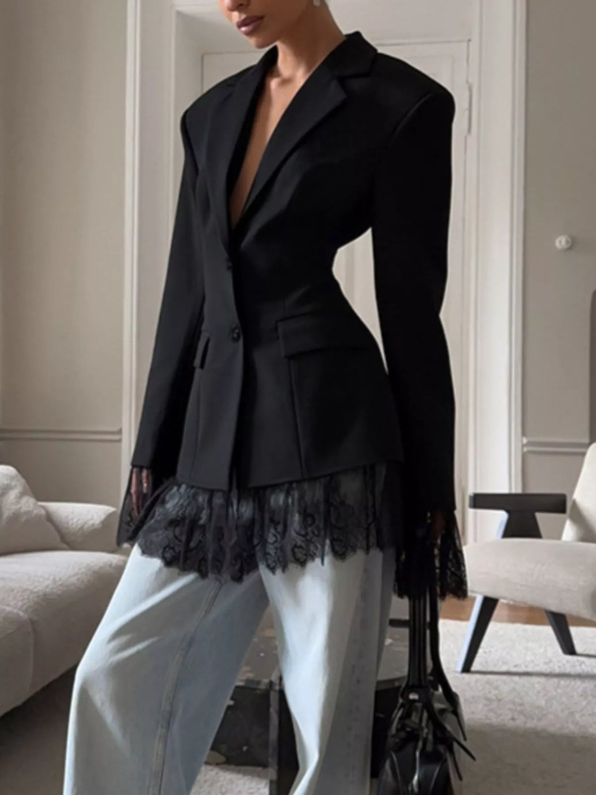 Lace Hem Lapel Blazer