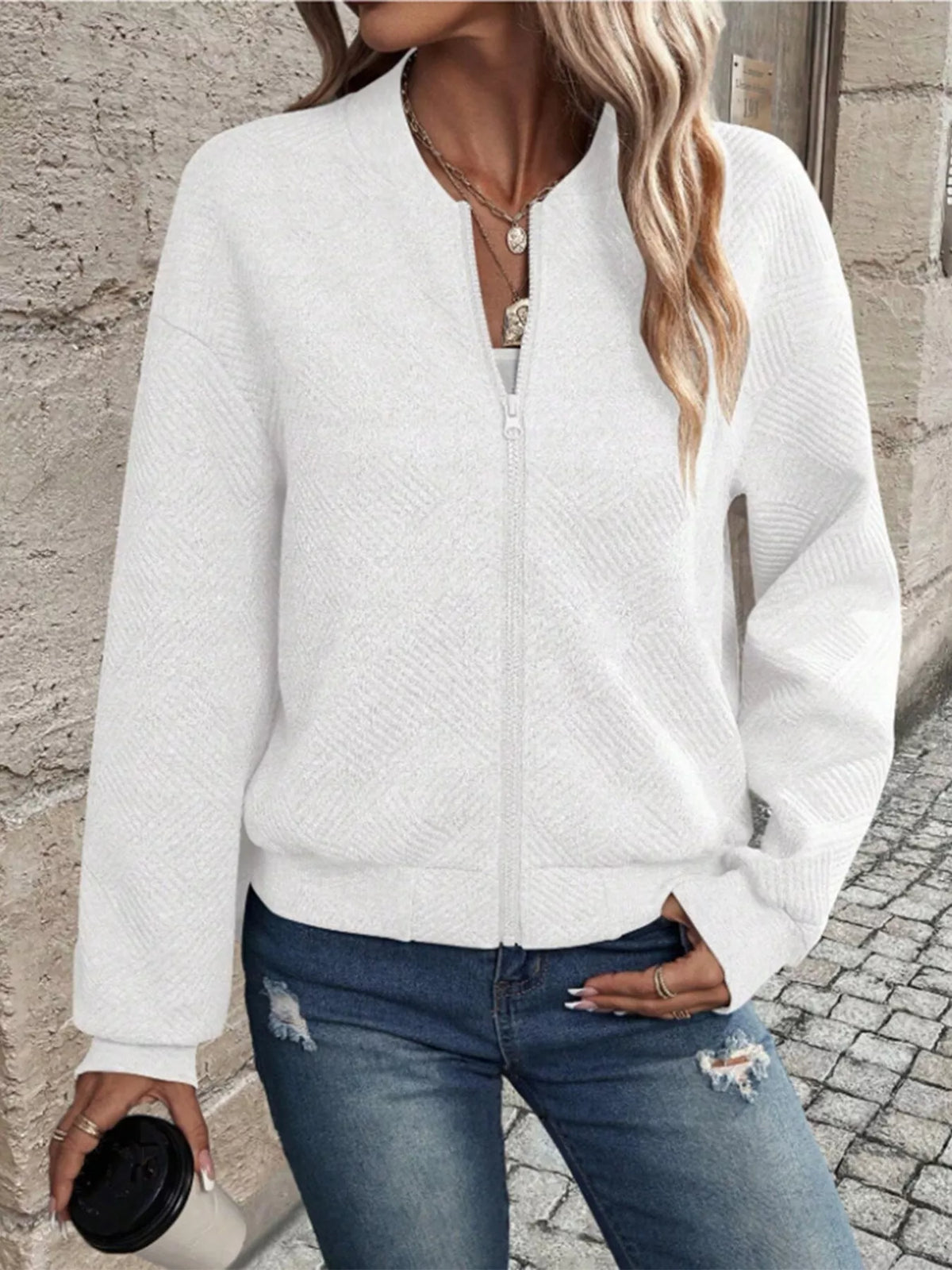 Textured Knit Zip Up Jacket