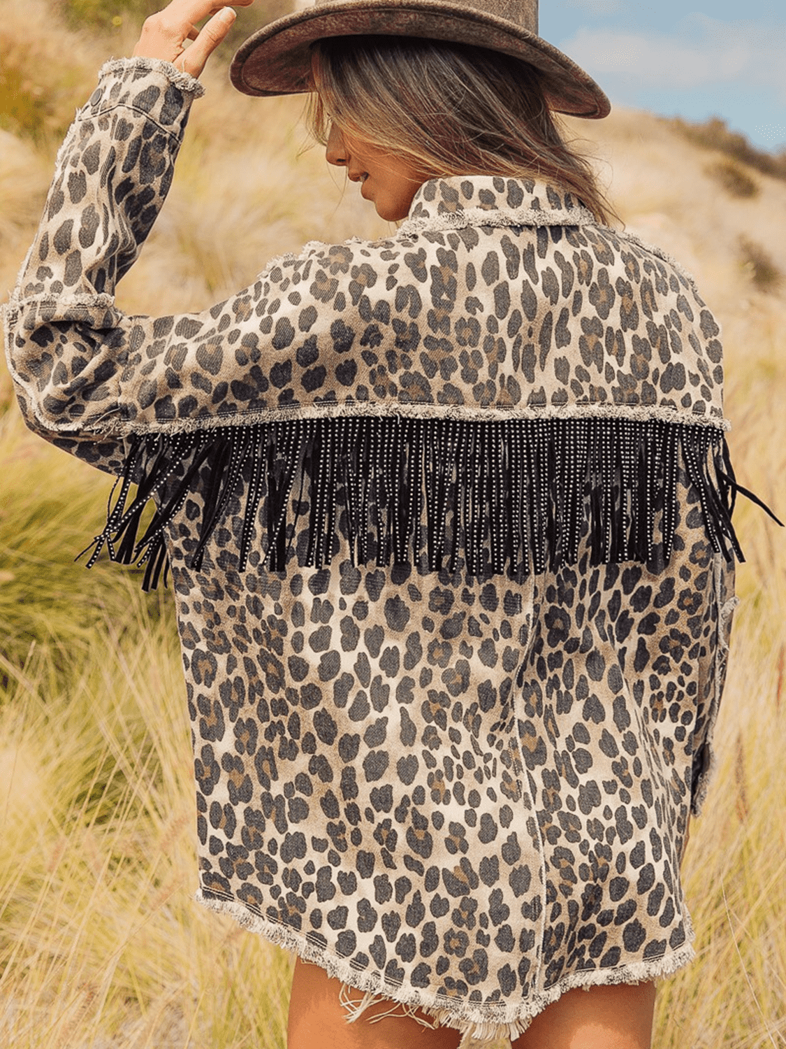 Leopard Fringe Denim Jacket