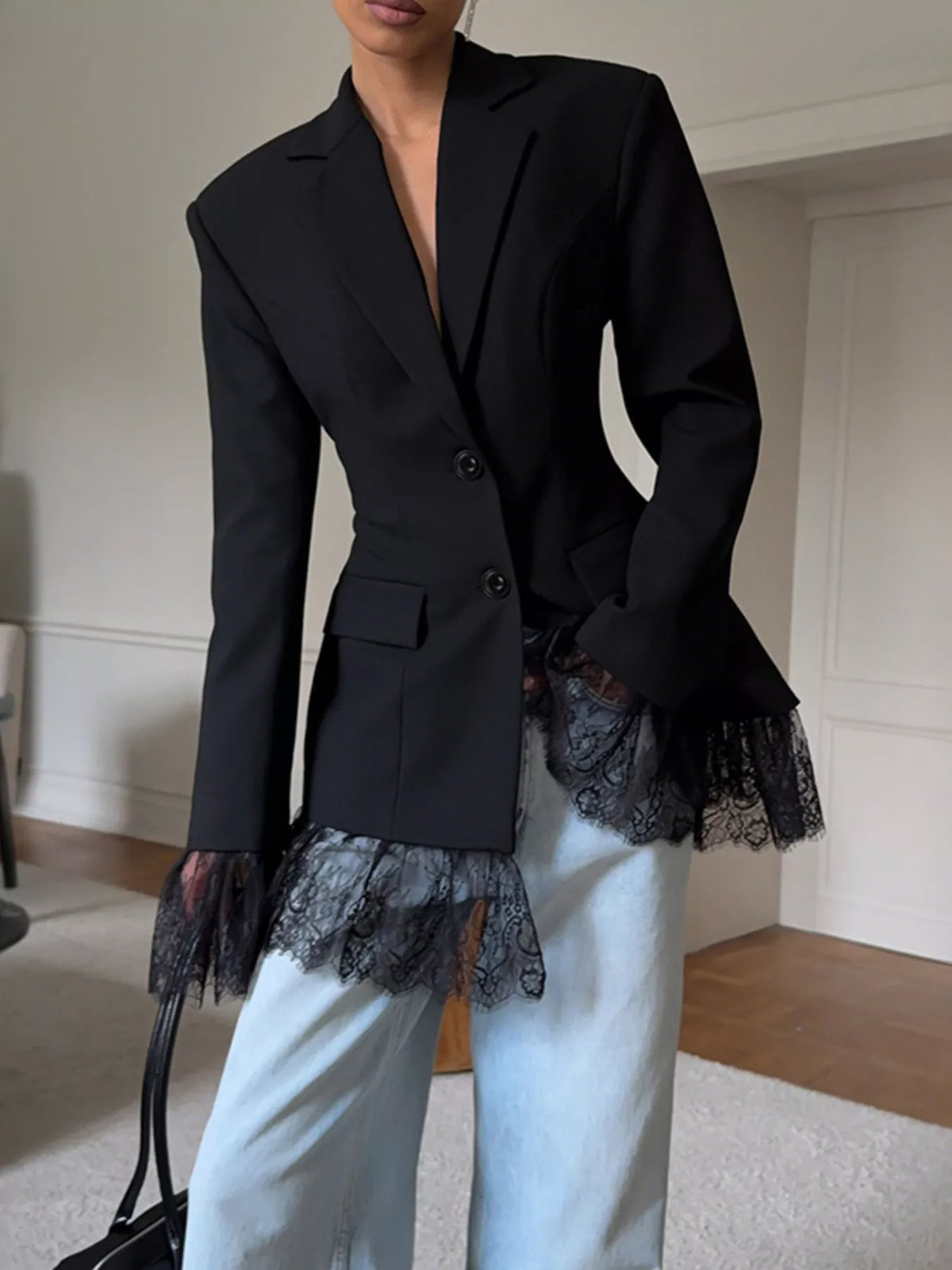 Lace Hem Lapel Blazer