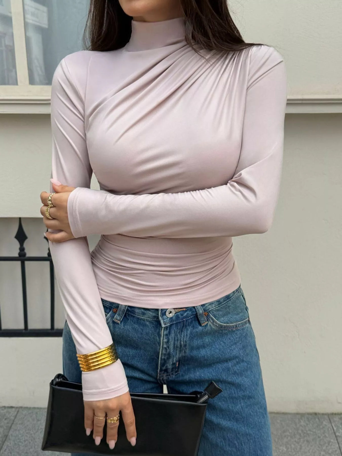 Mock Neck Ruched Slim Fit Long Sleeve T-Shirt