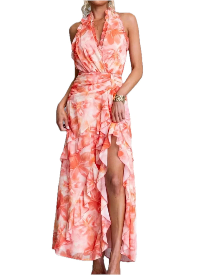 Floral Print Ruffle Halter Neck Maxi Dress for Women