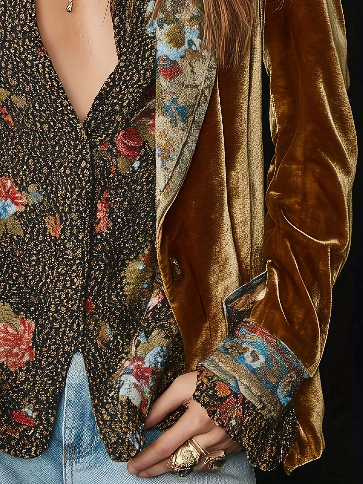 Floral Lapel Collar Velvet Blazer for Women