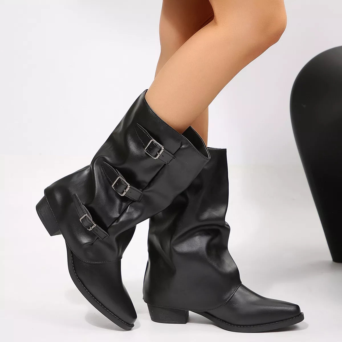 Double Buckle Pointed Toe Block Heel Boots