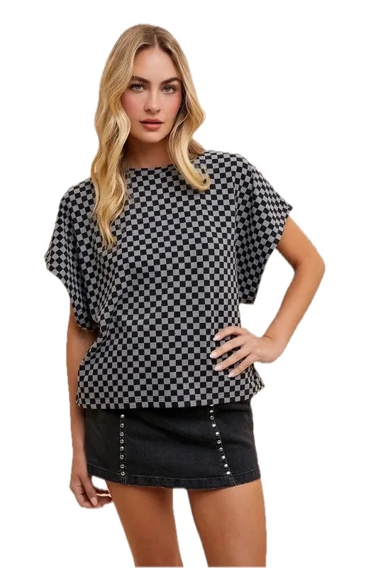 Annie Wear Women's Checkered Crew Neck Short Sleeve T-Shirt in Black