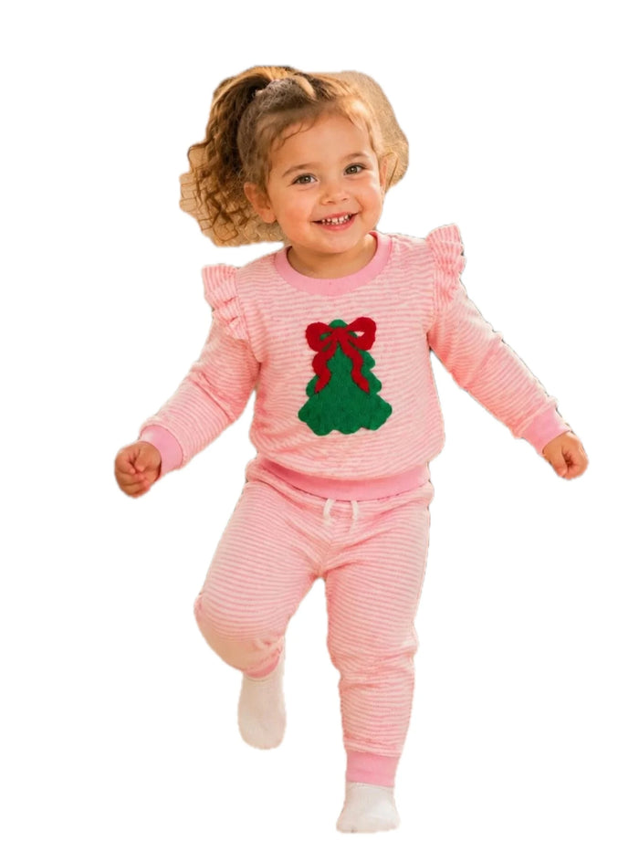 Kids Striped Christmas Tree Ruffle Pajama Set
