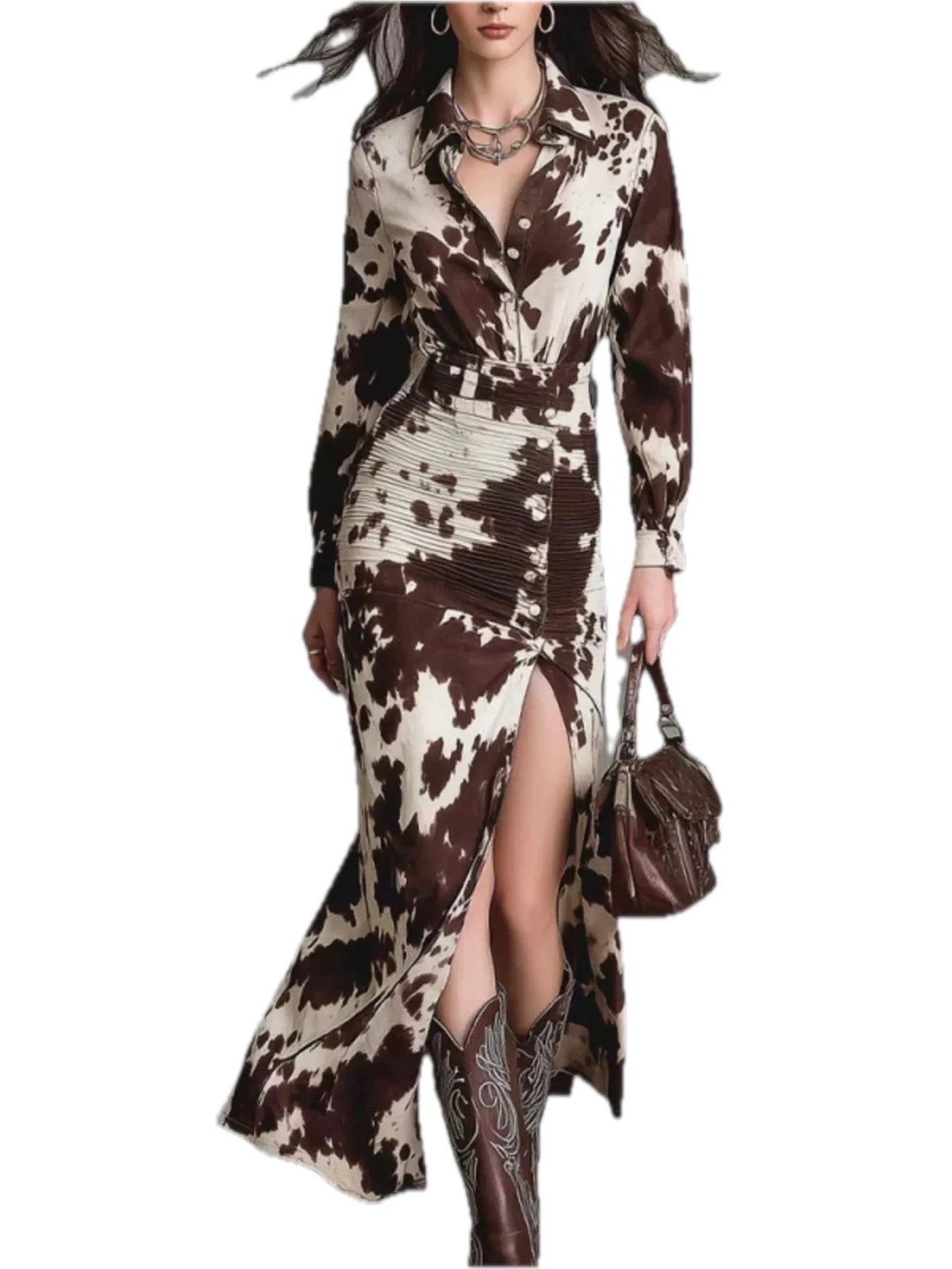 Cow Print Shirt Maxi Dress