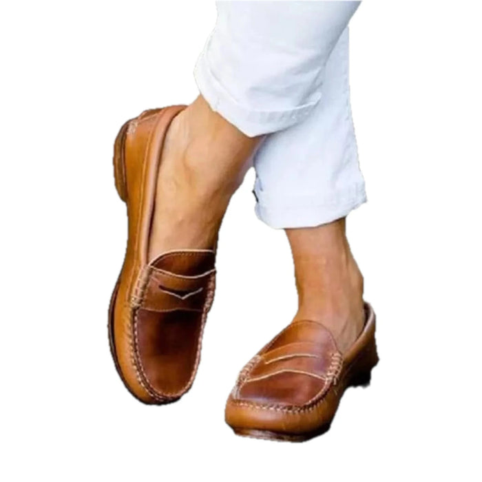 Women's PU Leather Round Toe Slip-On Shoes in Brown
