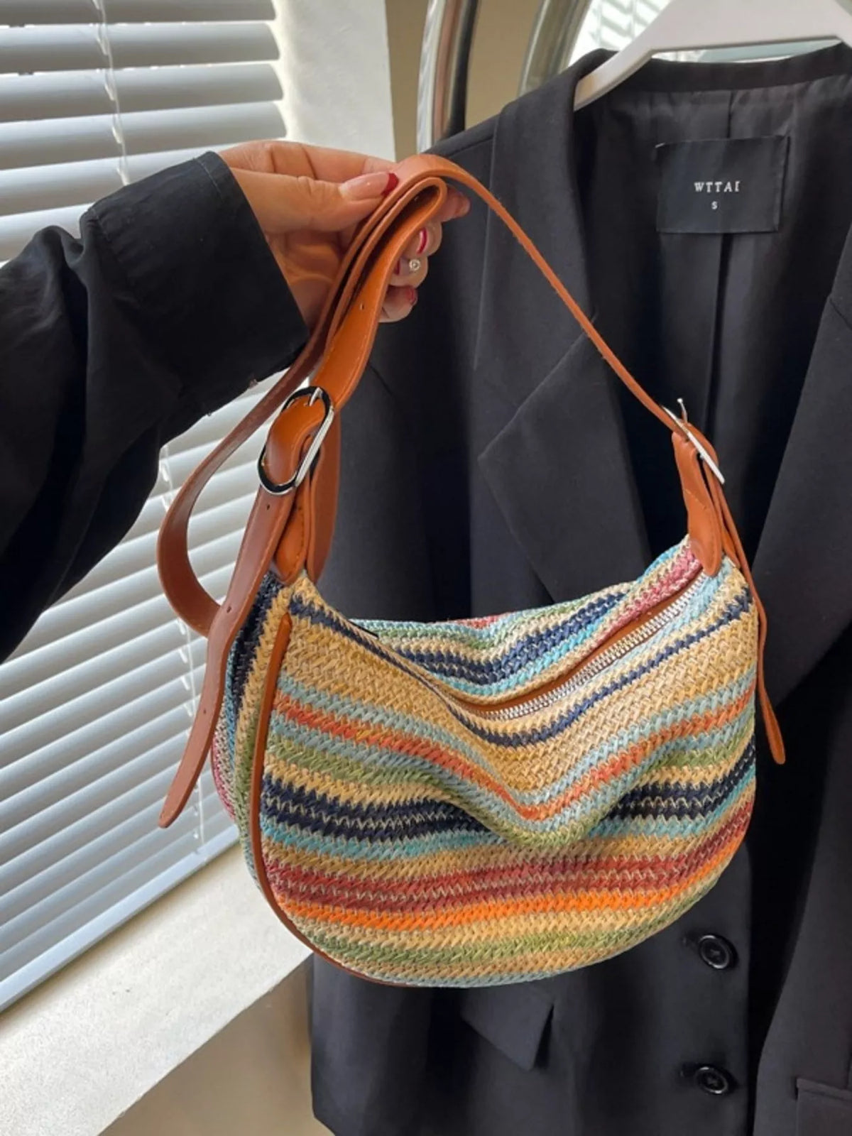 Striped Straw Woven Crossbody Bag for Women