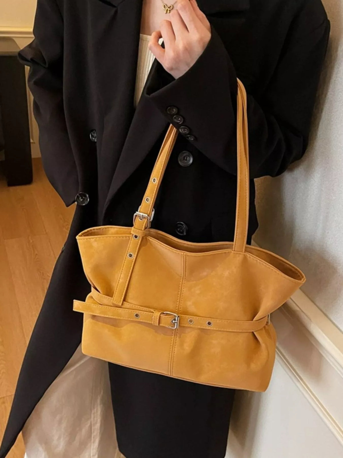 Washed Suede Buckle Tote Bag