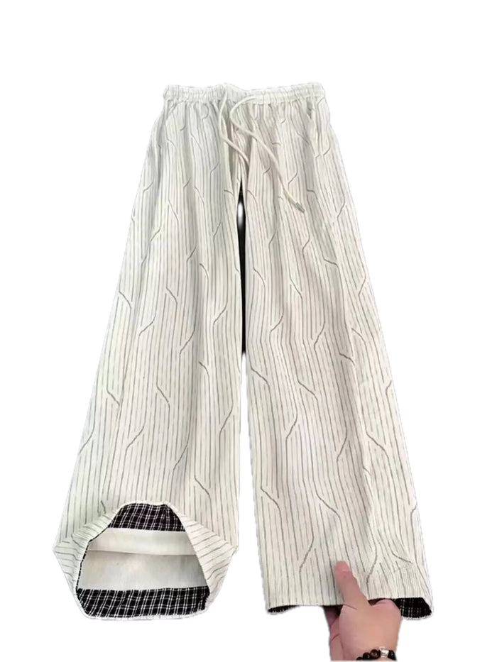 Men's Plus Size Wide-Leg Striped Casual Pants with Drawstring