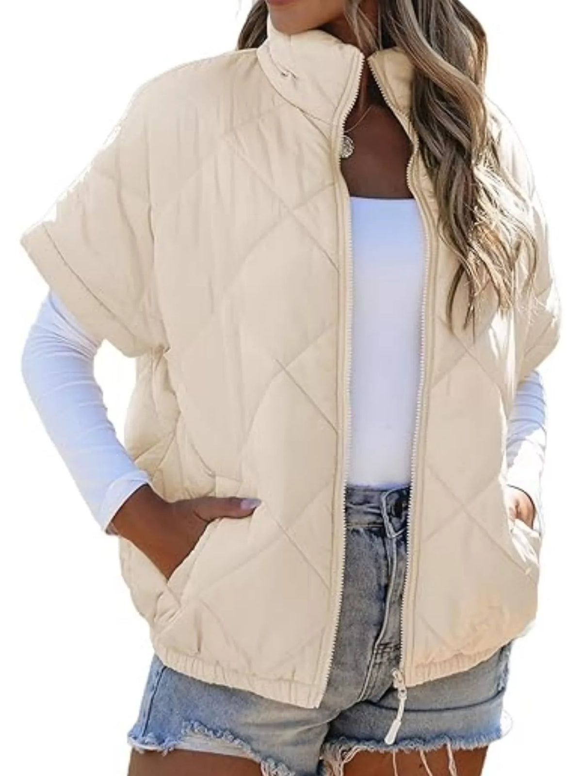 Women's Quilted Zip Up Short Sleeve Winter Coat