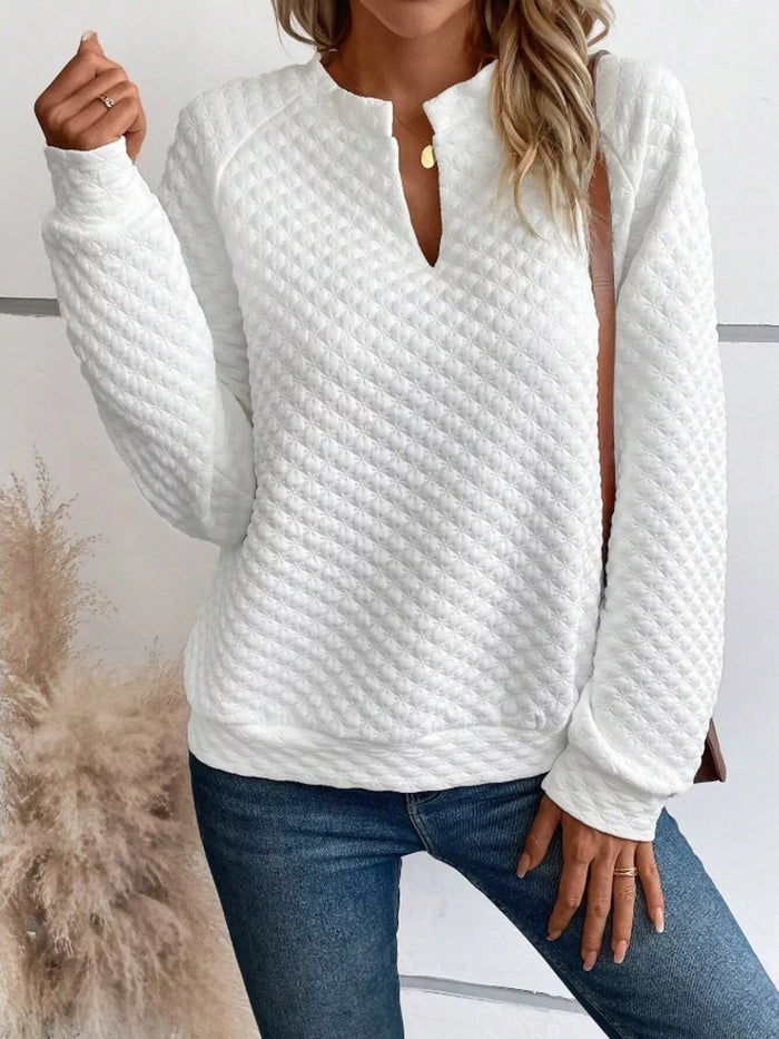 Quilted Texture Long Sleeve Sweatshirt for Women with Notched Neck
