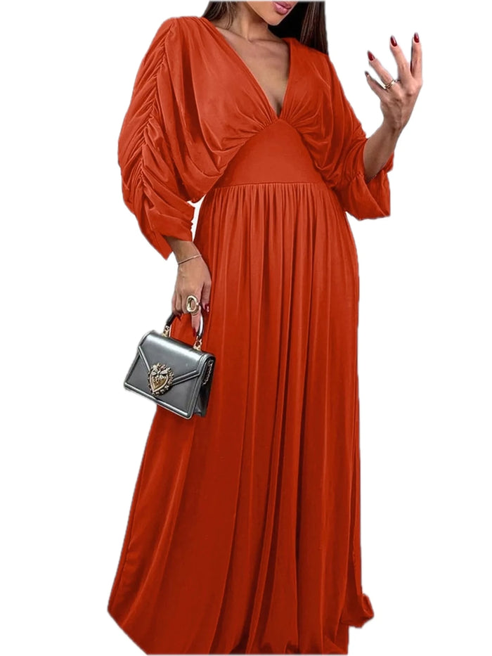 Ruched Sleeve V-Neck Maxi Dress for Women