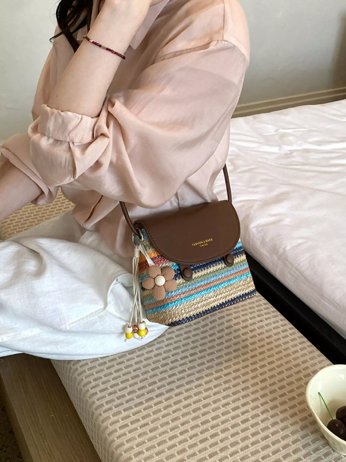PU Leather Striped Woven Crossbody Bag