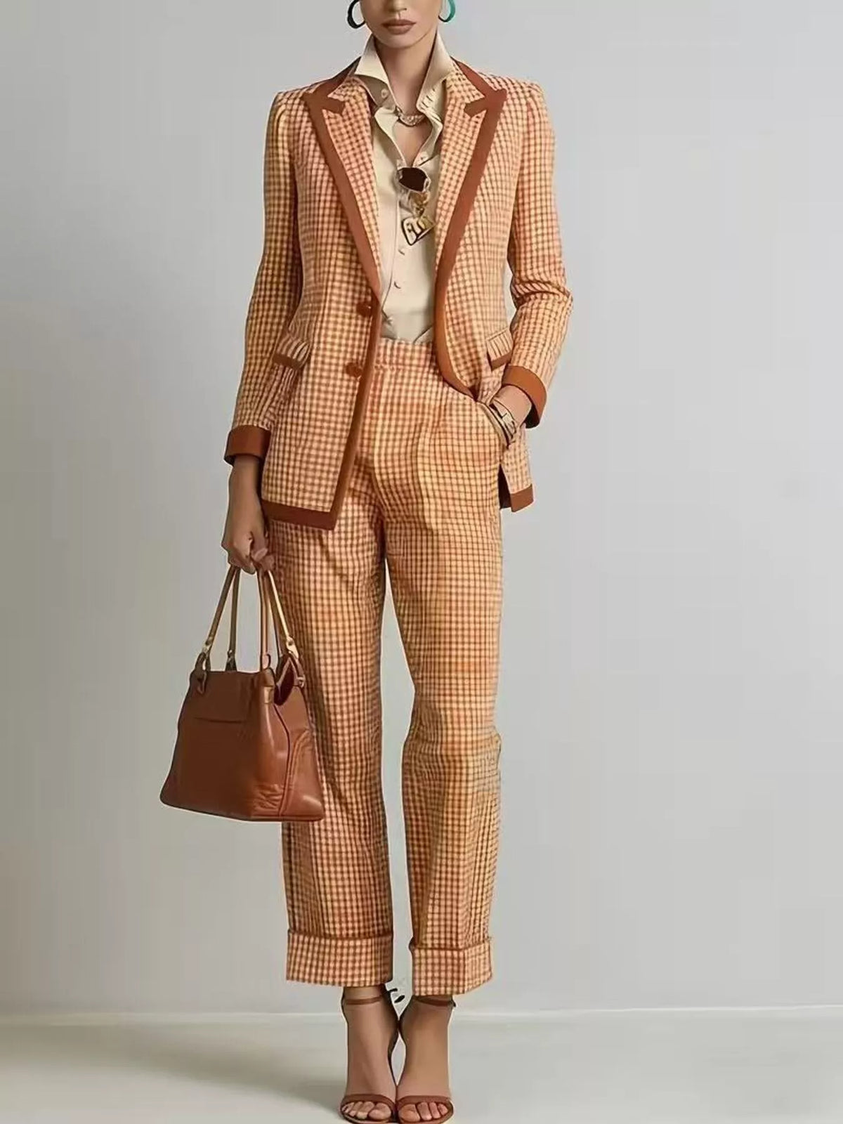 Plaid Blazer and Pants Suit Set for Women