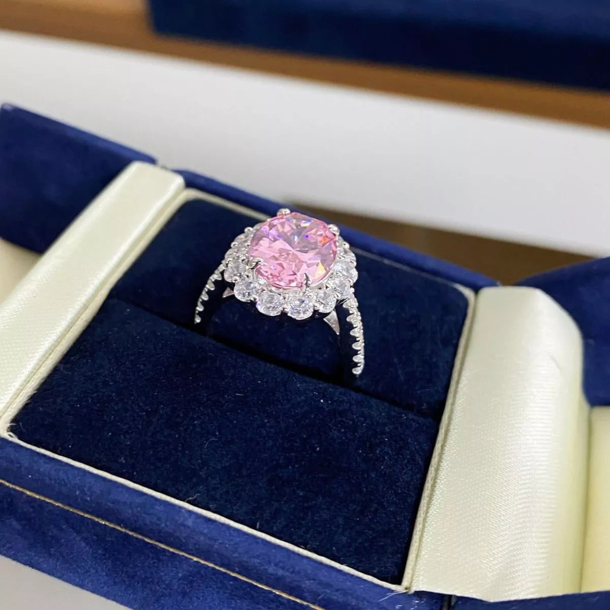 925 Sterling Silver Zircon Round Ring for Women in Blush Pink