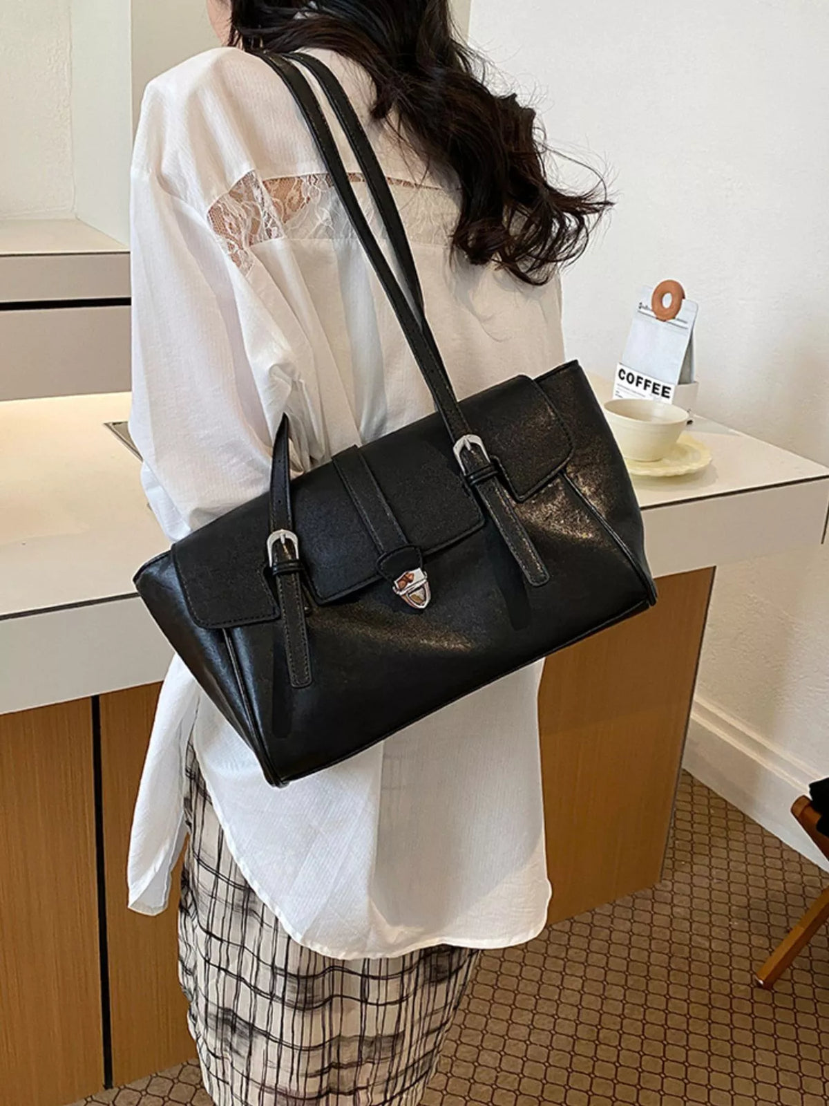 Buckle Detail Vegan Leather Tote Bag