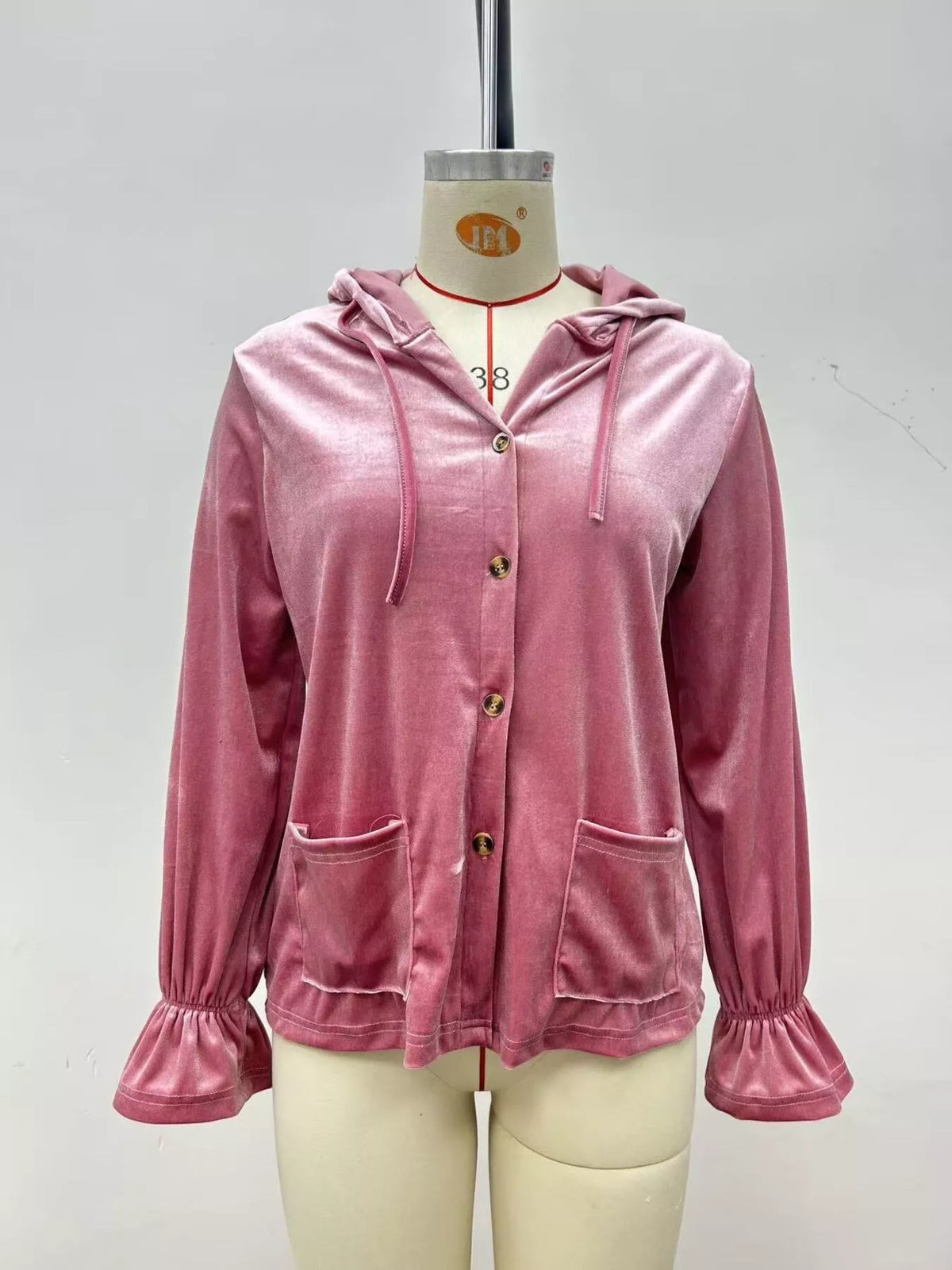 Velvet Button Down Hooded Outerwear Plus Size