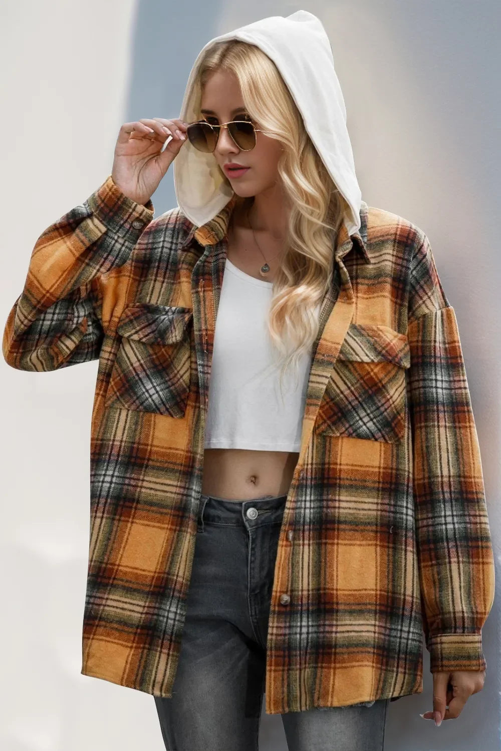 Double Take Women's Drawstring Plaid Long Sleeve Hooded Shacket