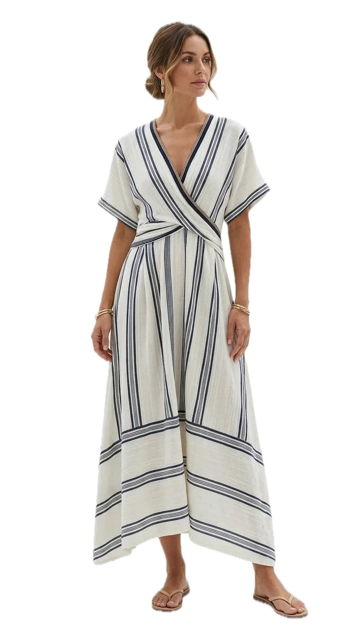 Full Size Striped Surplice Half Sleeve Midi Dress for Women Plus Size