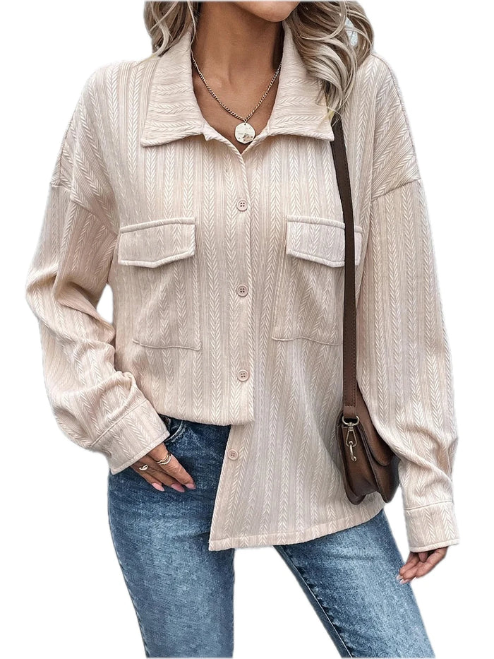 Pocketed Button Up Dropped Shoulder Jacket for Women