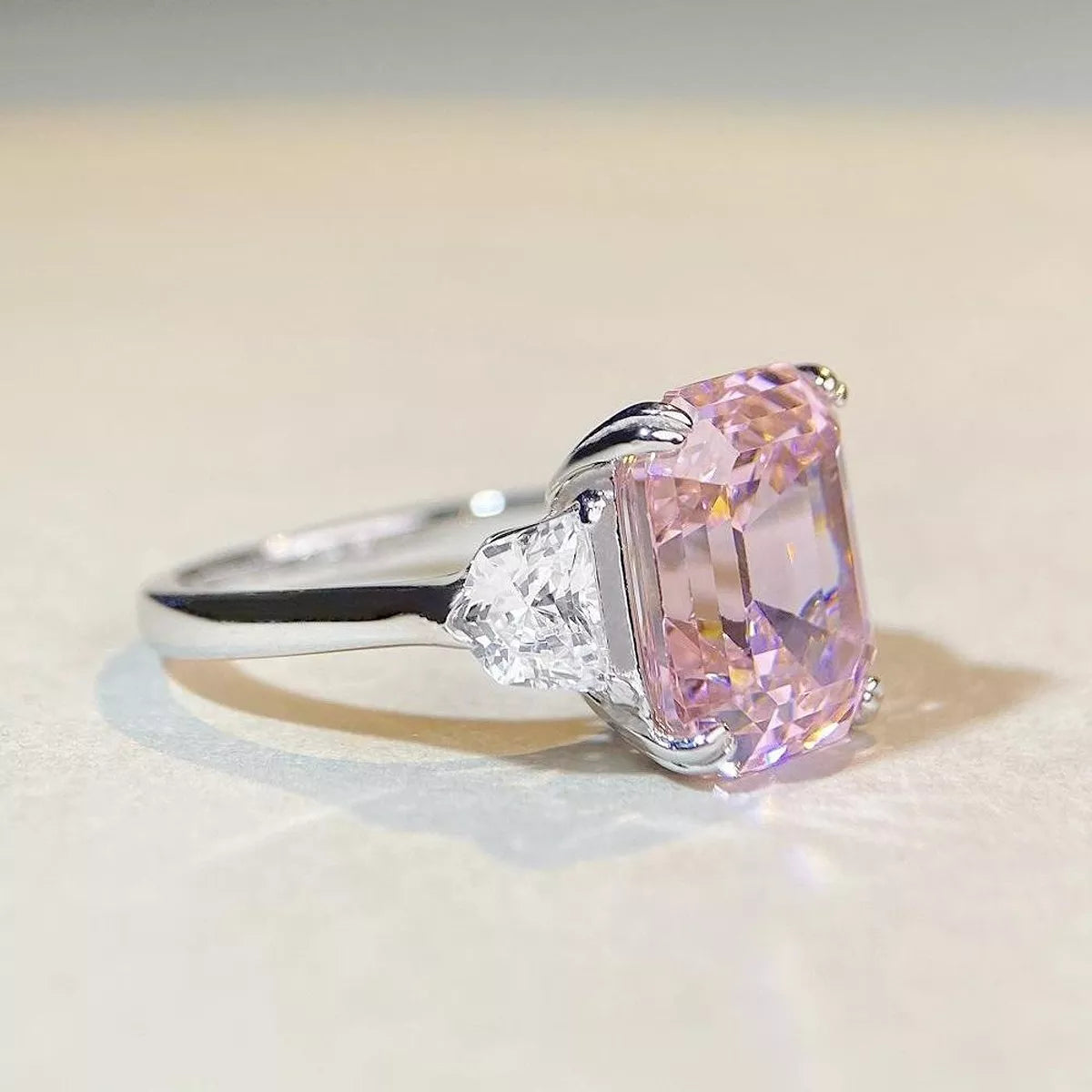 925 Sterling Silver Zircon Geometric Ring for Women in Blush Pink