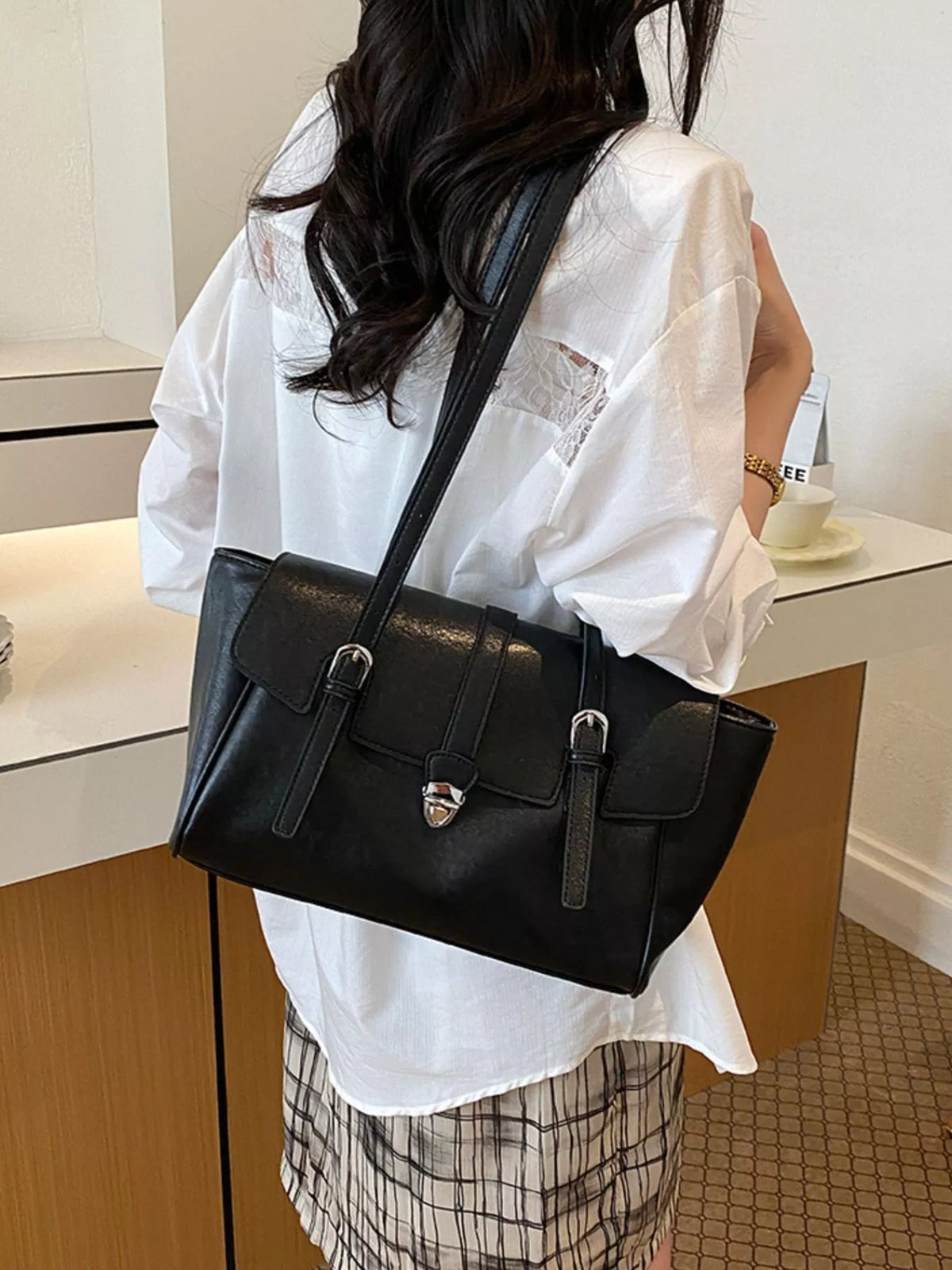 Buckle Detail Vegan Leather Tote Bag