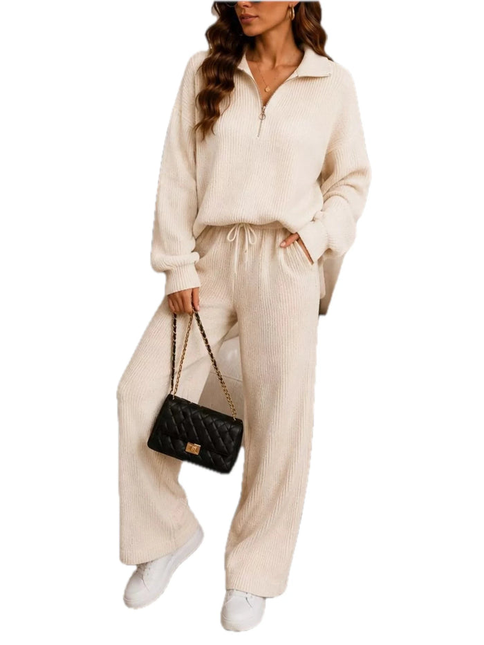 Ribbed Quarter-Zip Top and Wide Leg Pants Set