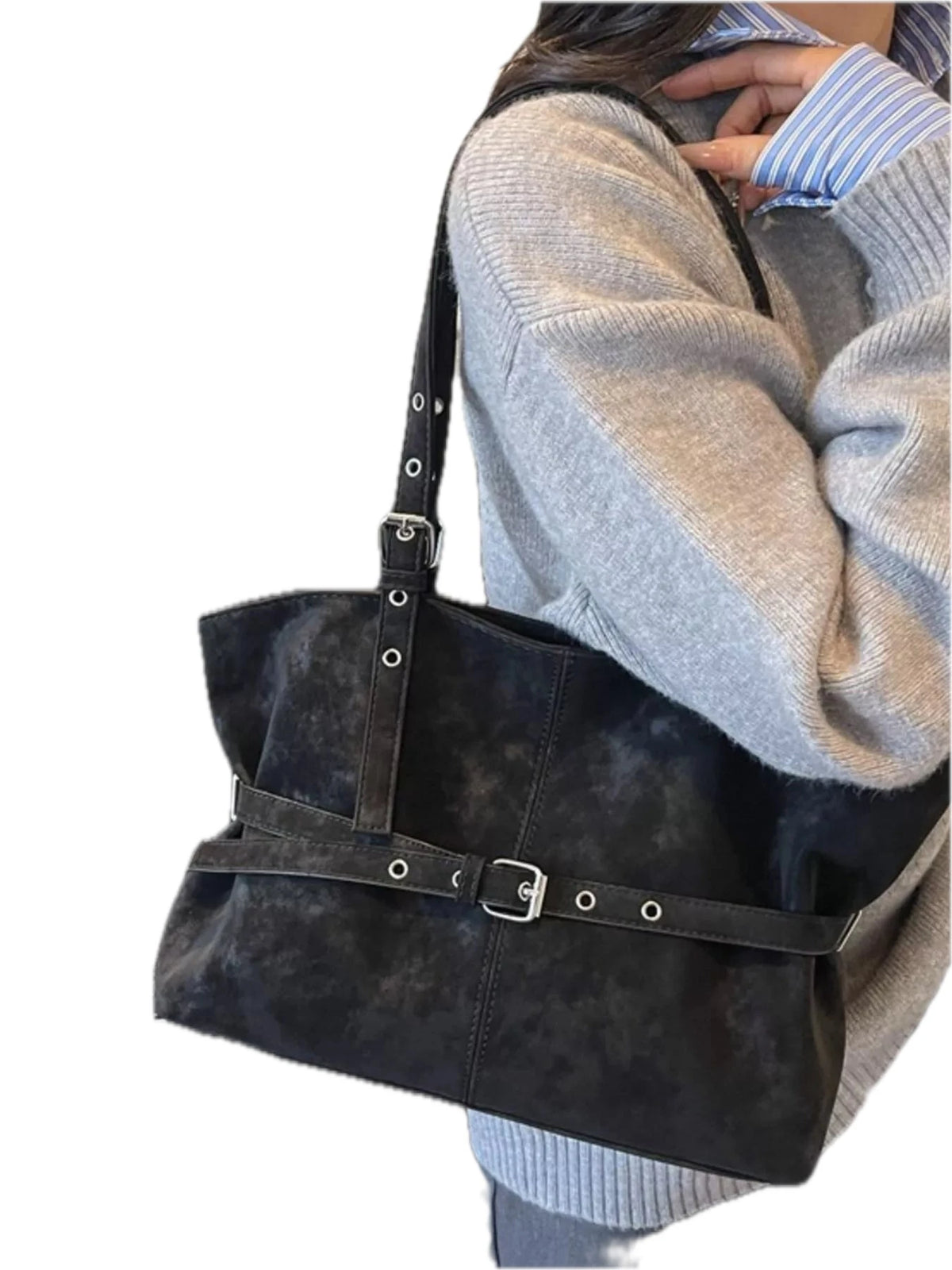 Washed Suede Buckle Tote Bag