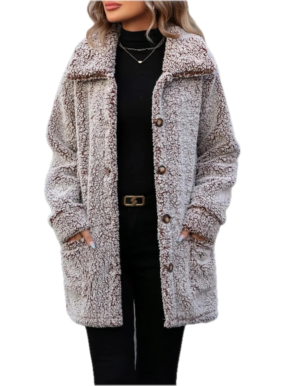 Pocketed Collared Neck Long Sleeve Plush Jacket for Women