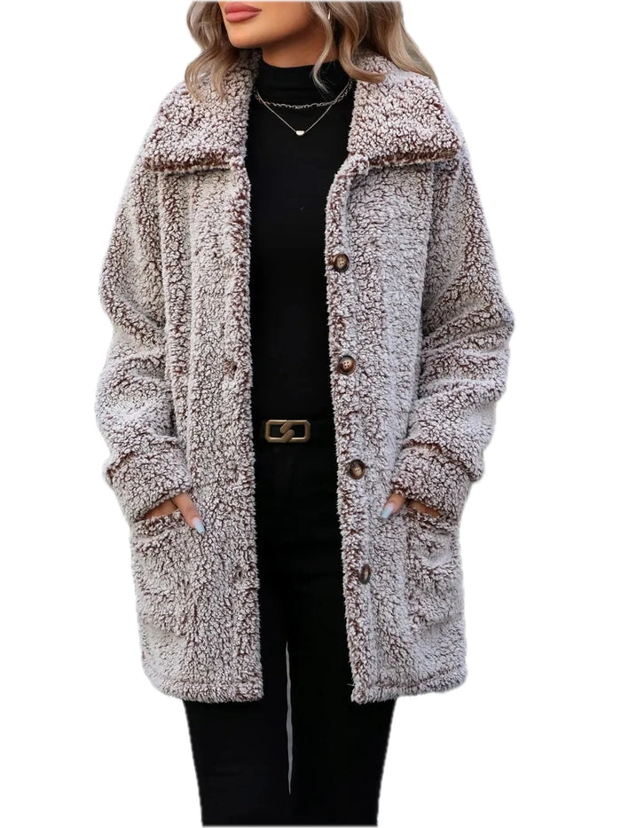 Pocketed Collared Neck Long Sleeve Plush Jacket for Women
