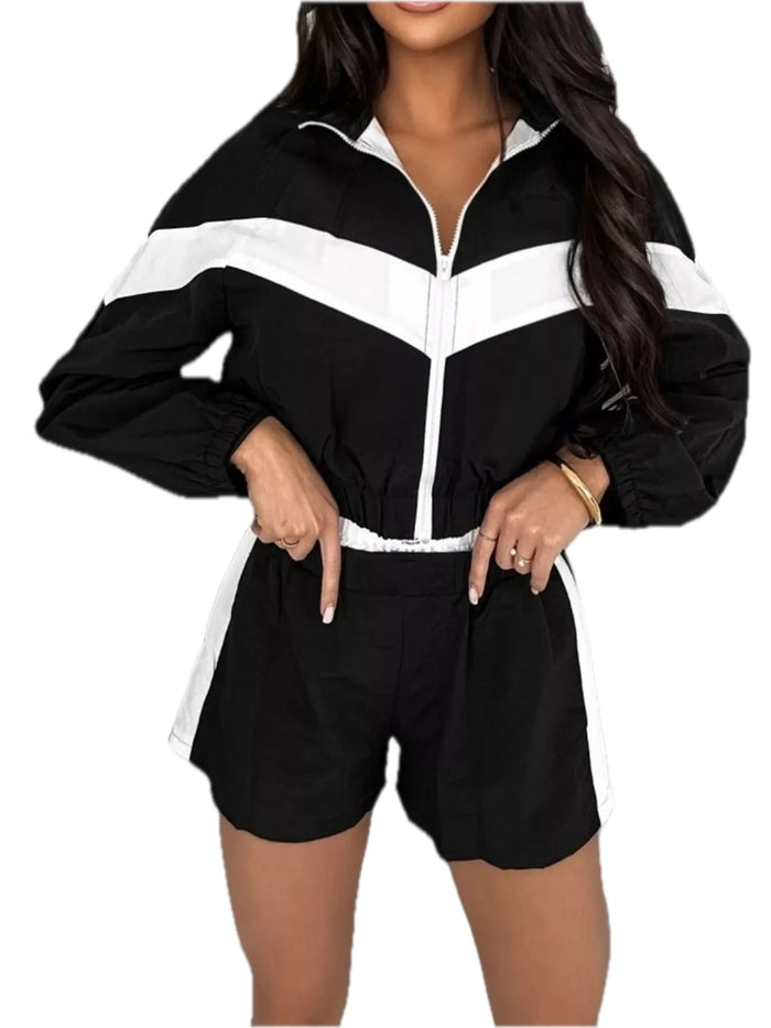 Color Block Zip-Up Jacket and Shorts Two-Piece Set for Women