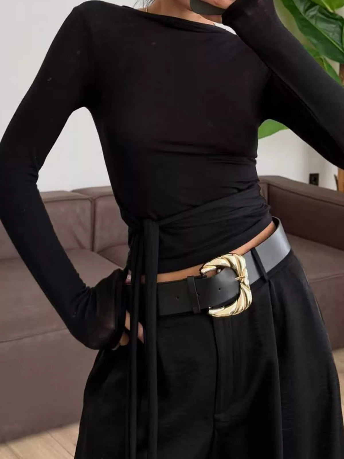 Side Tie Mock Neck Long Sleeve T-Shirt