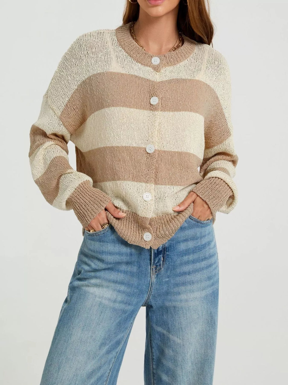 Casual Striped Button Down Knit Cardigan