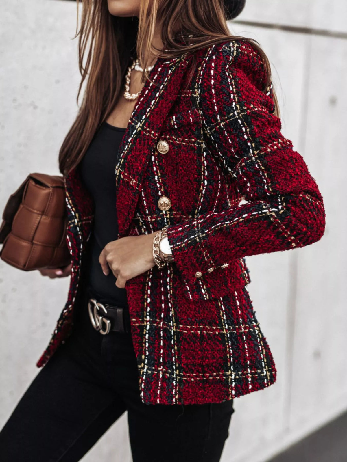 Full Size Plaid Tweed Double-Breasted Blazer for Women Plus Size