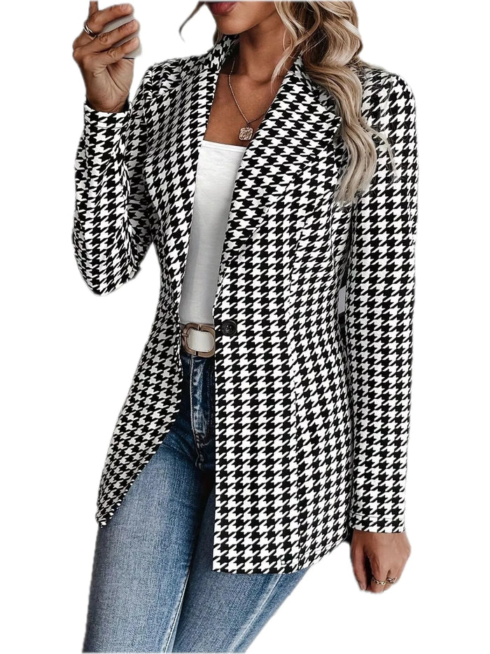 Women's Houndstooth Print Lapel Collar Blazer