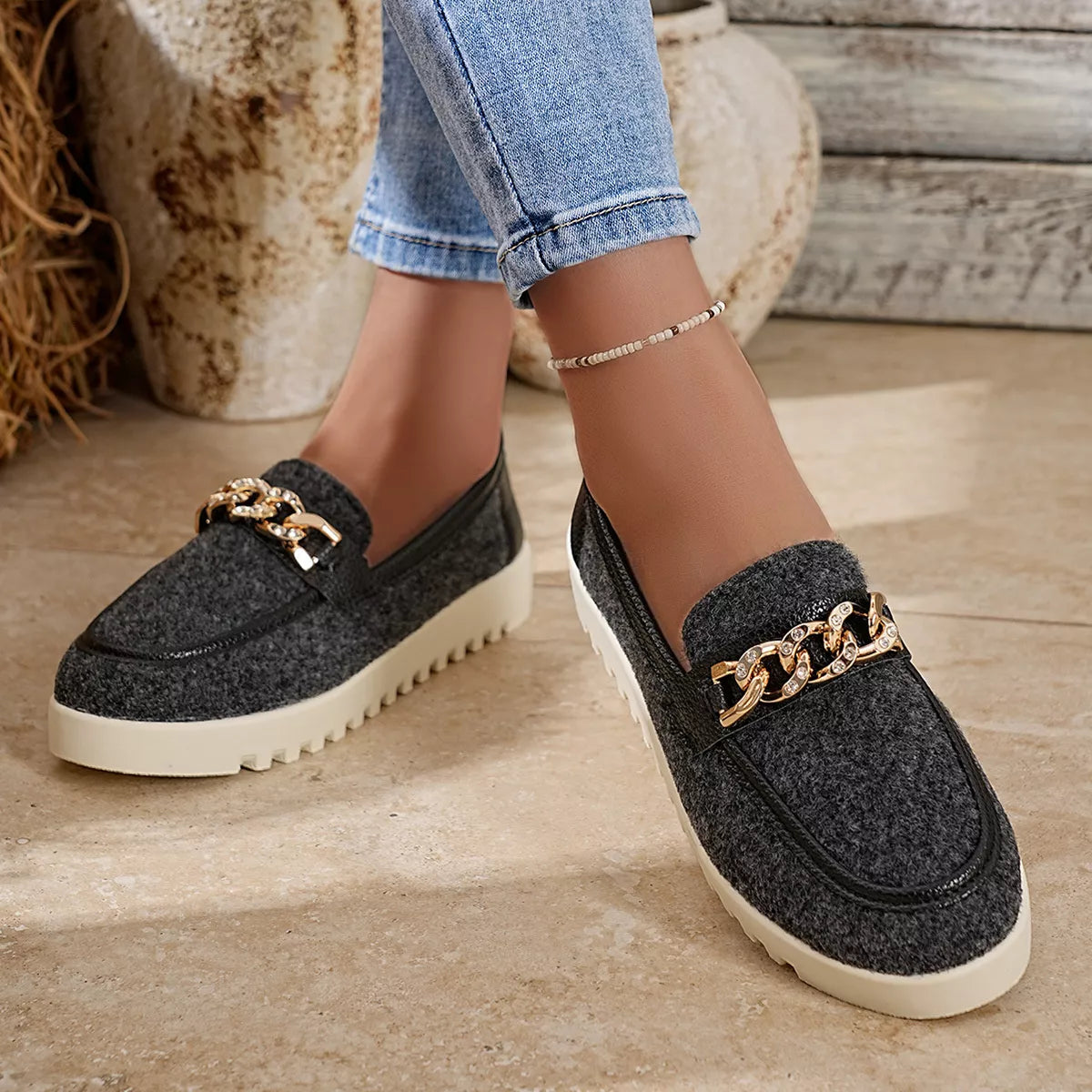 Chain Detail Platform Slip-On Shoes