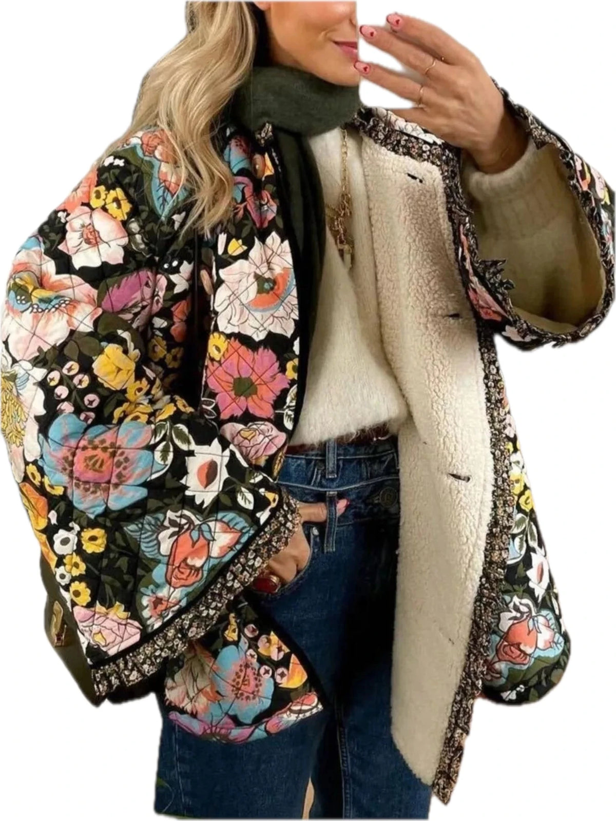 Full Size Floral Print Quilted Sherpa-Lined Jacket for Women Plus Size