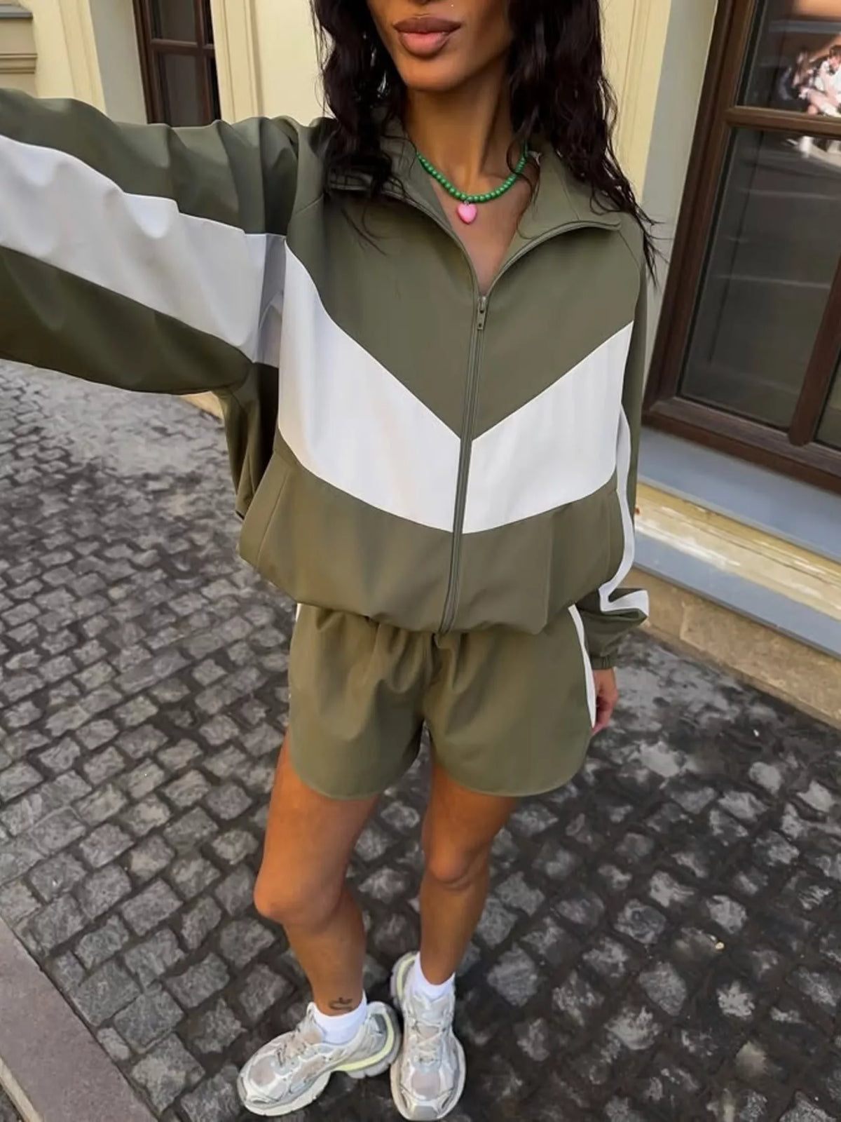 Color Block Zip Up Jacket and Shorts Set