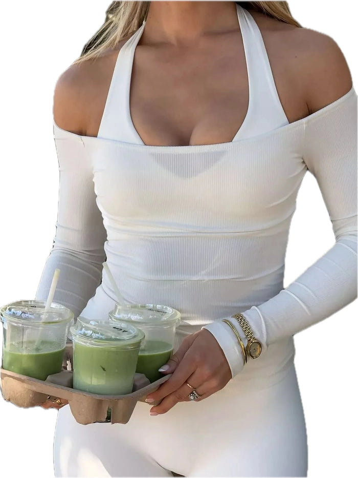 Off-Shoulder Ribbed Long Sleeve T-Shirt