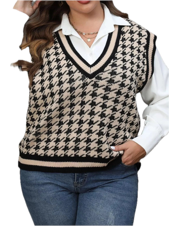 Houndstooth V Neck Sweater Vest Plus Size