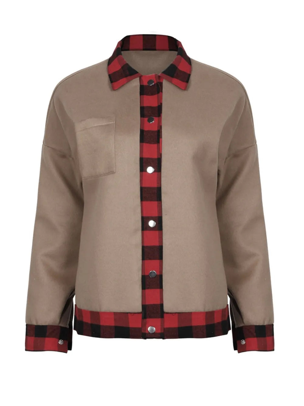 Plaid Trim Long Sleeve Jacket for Women