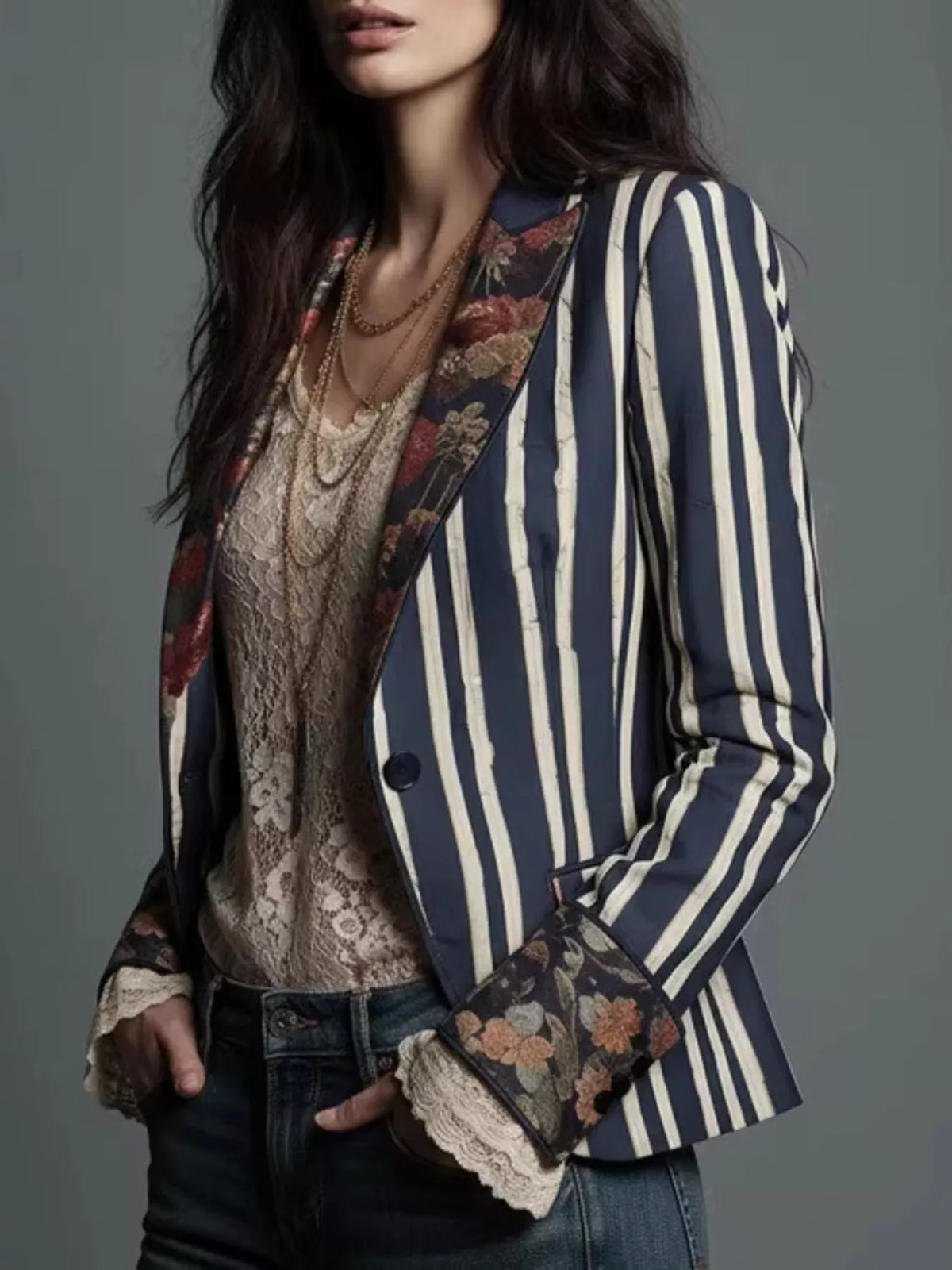 Striped Floral Slim Fit Blazer