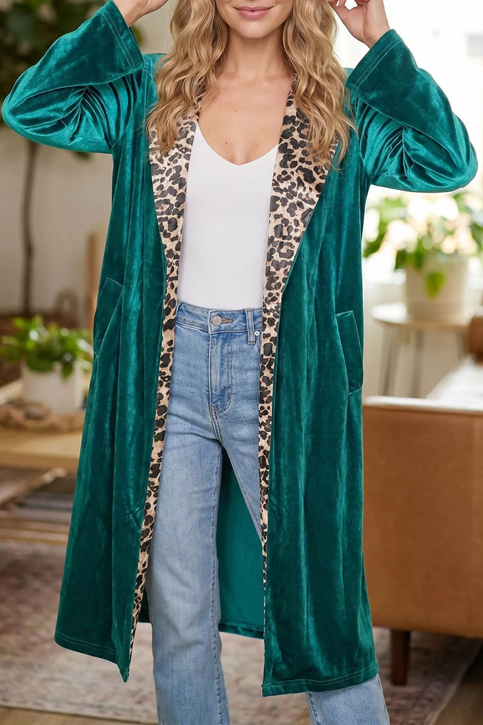 Velvet Contrast Leopard Print Lapel Collar Open Front Cardigan for Women